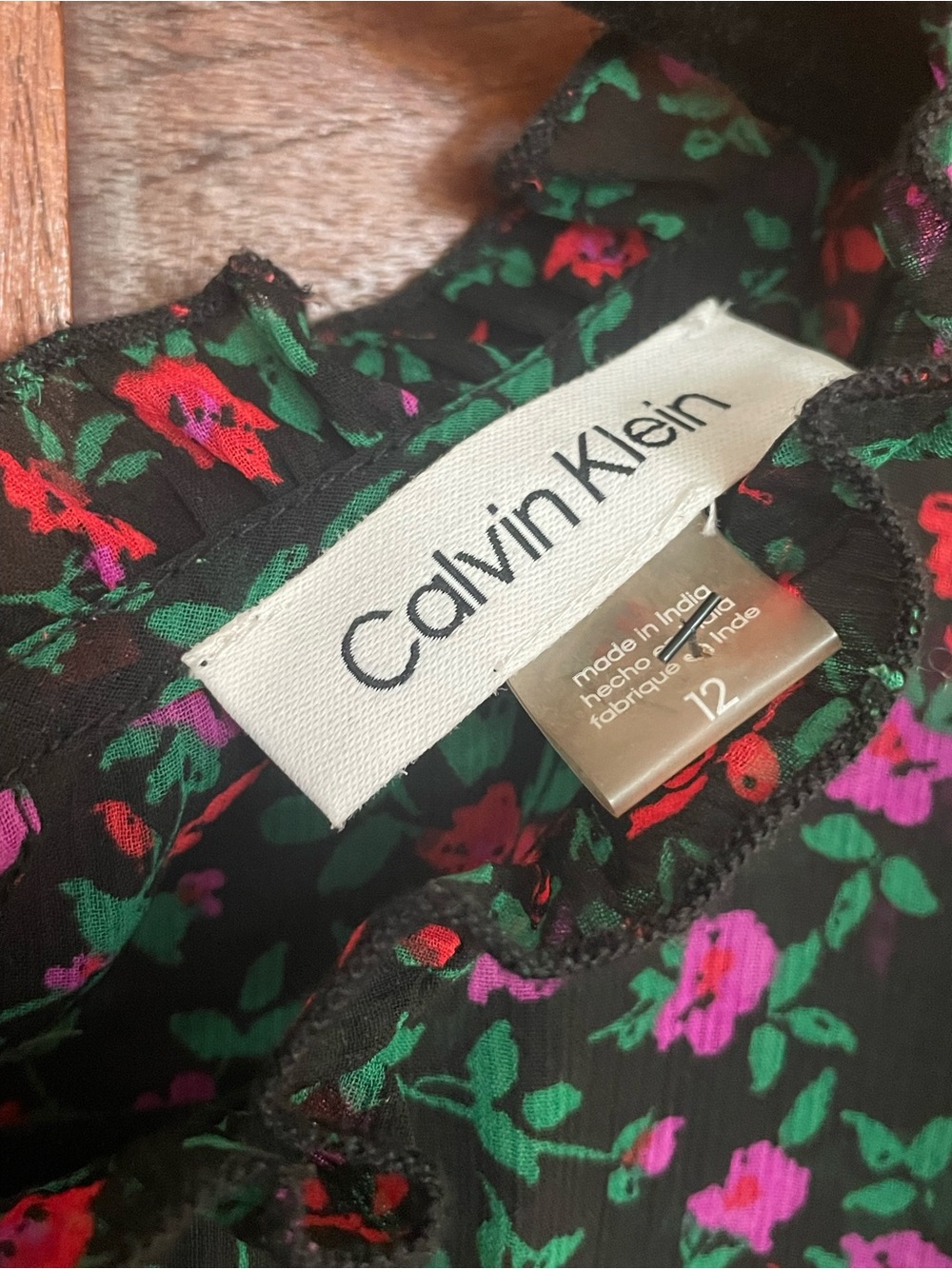 Calvin Klein Black Floral dress with Red, Pink & Green Print